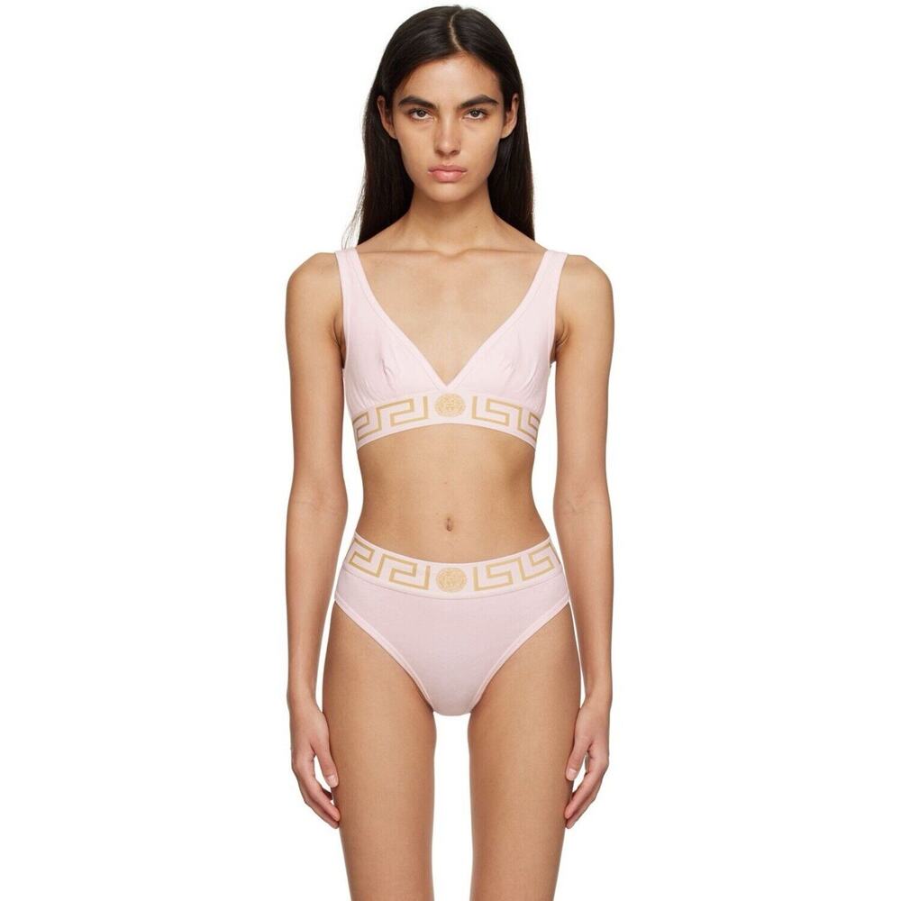 NWT Versace Medusa Greca Border V Bralette and Panties Set Cotton Pink Size 2/ S